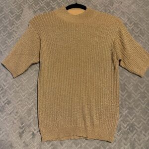 Talbots Gold Metallic Ribbed Mock Neck Sweater Top Women’s Small Short Sleeve